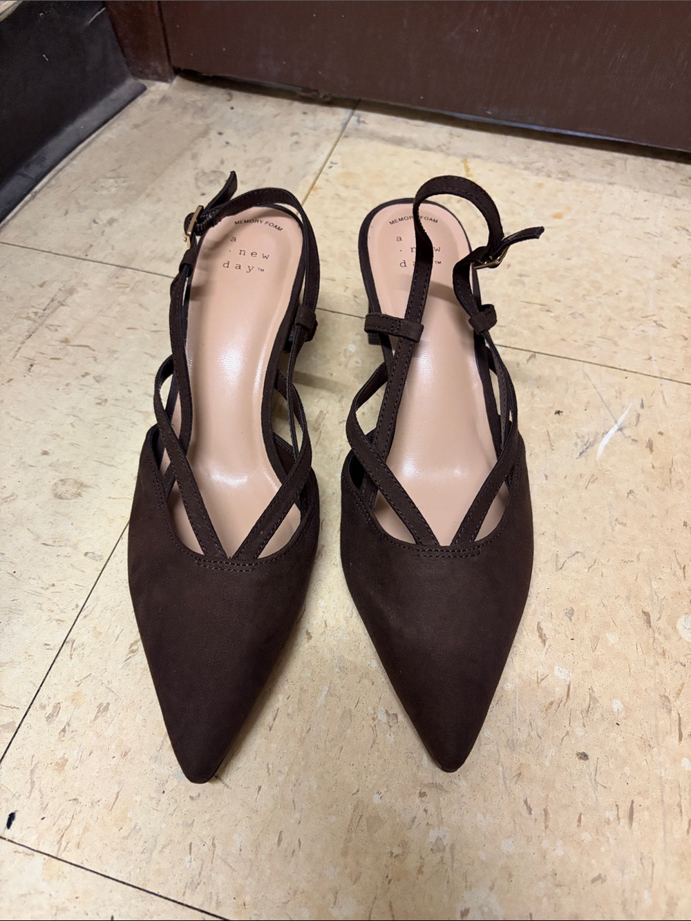 New Day Women's Brown Pointed Slingback Heels with Crisscross Straps